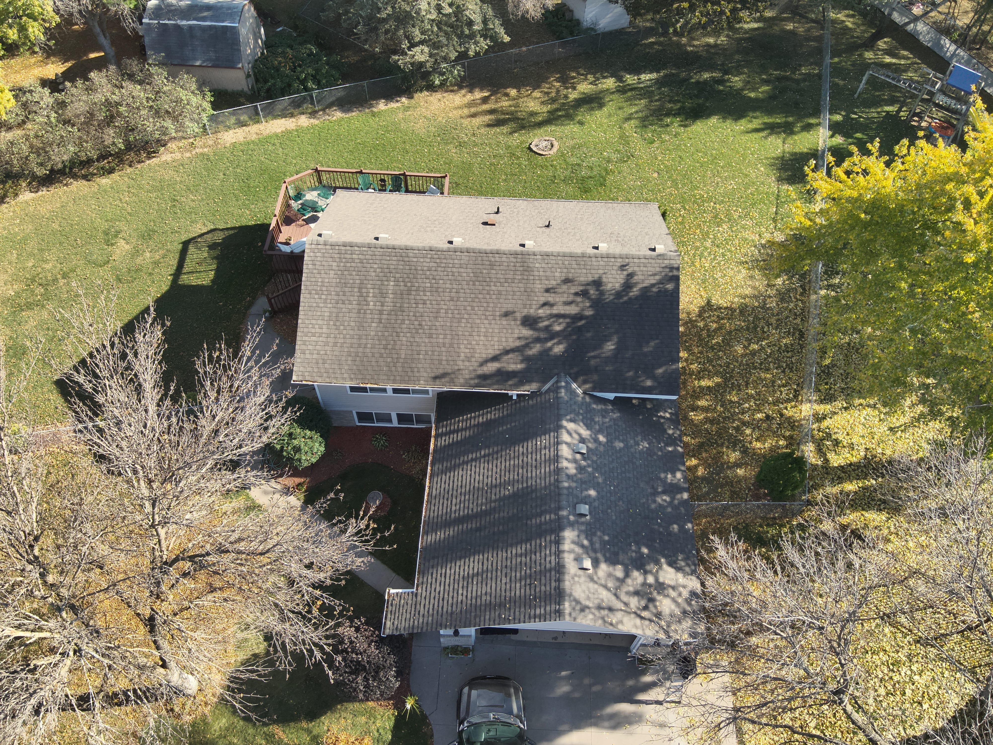Aerial fall-season survey of a residential roof in Saint Paul MN
