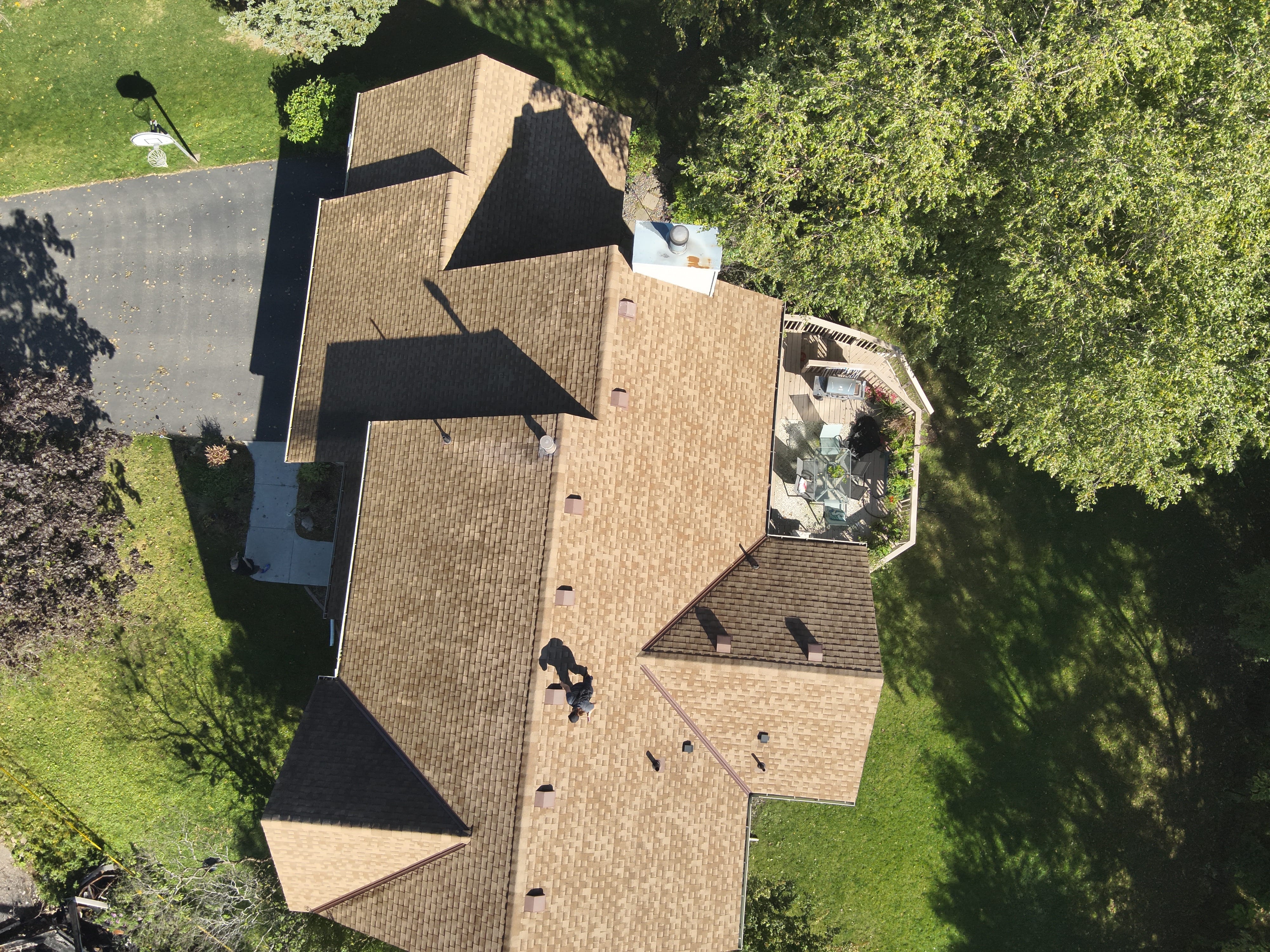 Top-down drone shot of a residential roof in Eagan MN